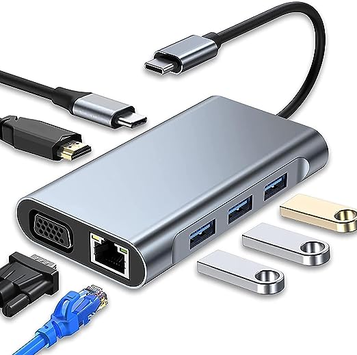 Transforma a porta USB-C do seu laptop em um hub USB C multifuncional com 7 portas, incluindo HDMI 4K, VGA, carregamento rápido USB-C PD 100W, Ethernet RJ45, USB 3.0 e duas portas USB 2.0. Ideal para MacBook Pro e MacBook Air, oferecendo uma experiência de trabalho eficiente e elegante.