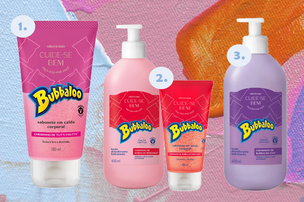 coleção-boticario-bubbaloo Coleção O Boticário X Bubbaloo. Montagem em fundo azul, rosa e laranja