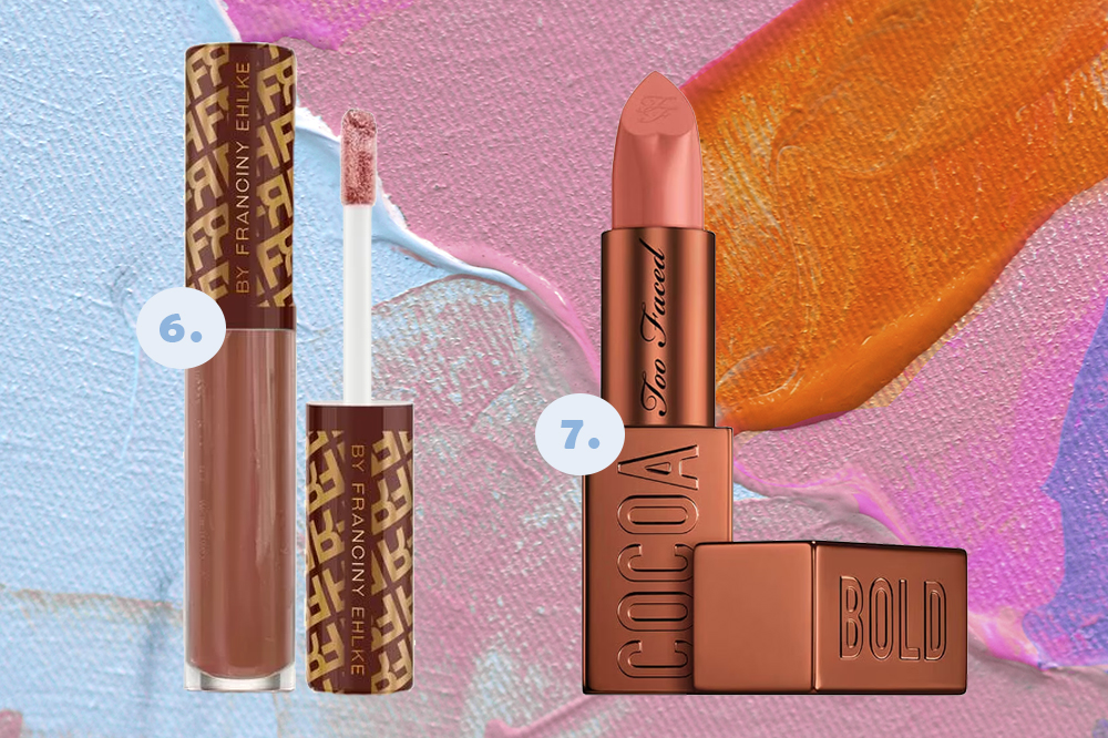 gloss-batom-franciny-ehlke-too-faced-chocolate Gloss Chocochilli Franciny Ehlke e Batom Cocoa Bold Too Faced. Montagem em fundo rosa, azul e laranja