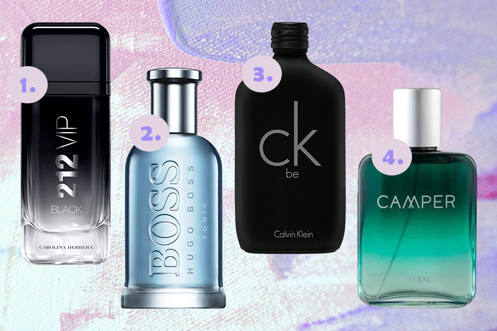 Perfumes para dar de presente no Dia dos Pais. Montagem em fundo lilás e azul claro