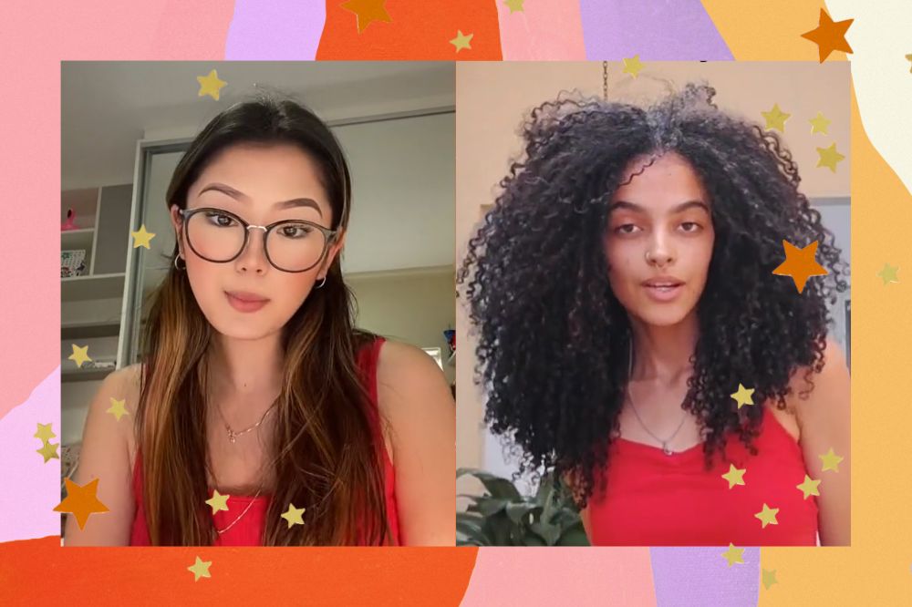 Montagem com fundo nas cores rosa, lilás, laranja e amarelo. Dois prints de vídeo do TikTok.