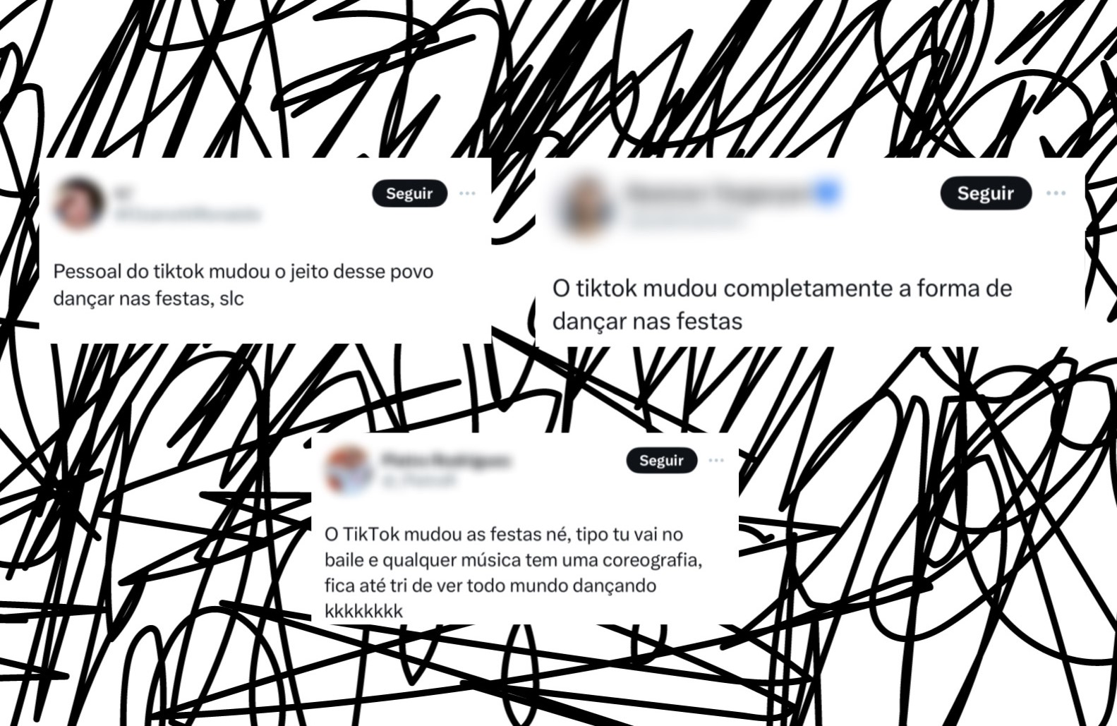 prints de postagens do app "x" falando sobre danças do tiktok em festas