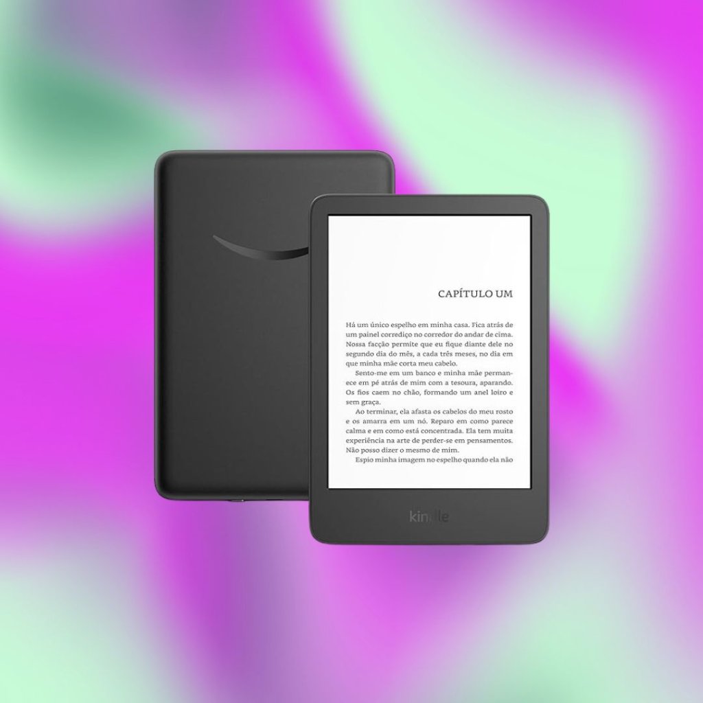 Duas imagens de Kindle; na primeira a tela e na segunda a parte de trás do aparelho; o fundo é uma textura nas cores verde e lilás