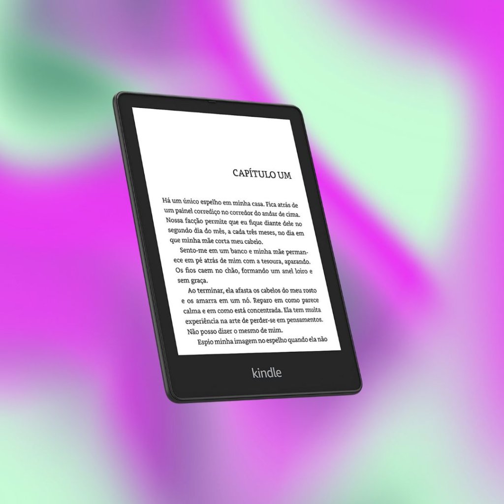 kindle4 Imagem de um Kindle com a tela acesa; o fundo é uma textura nas cores verde e lilás