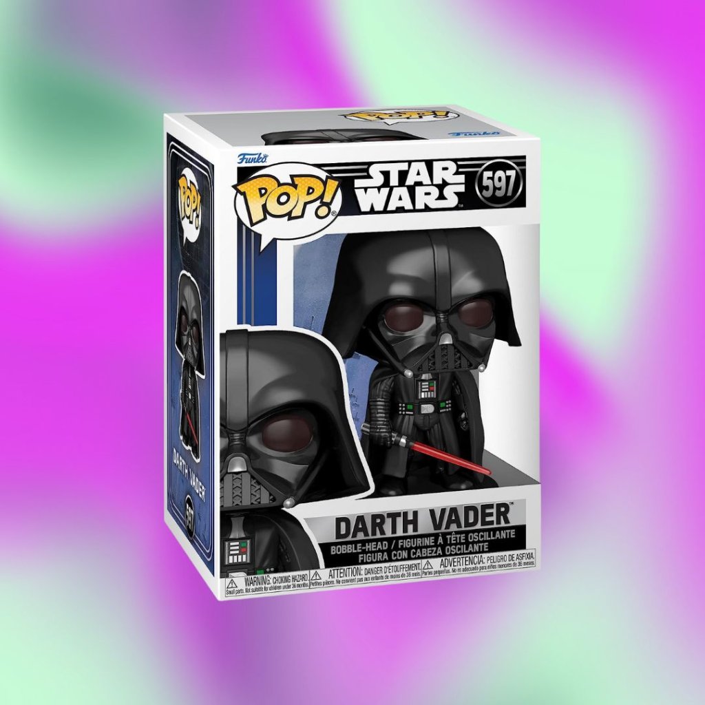 Funko Pop do Darth Vader em fundo degrade roxo e verde