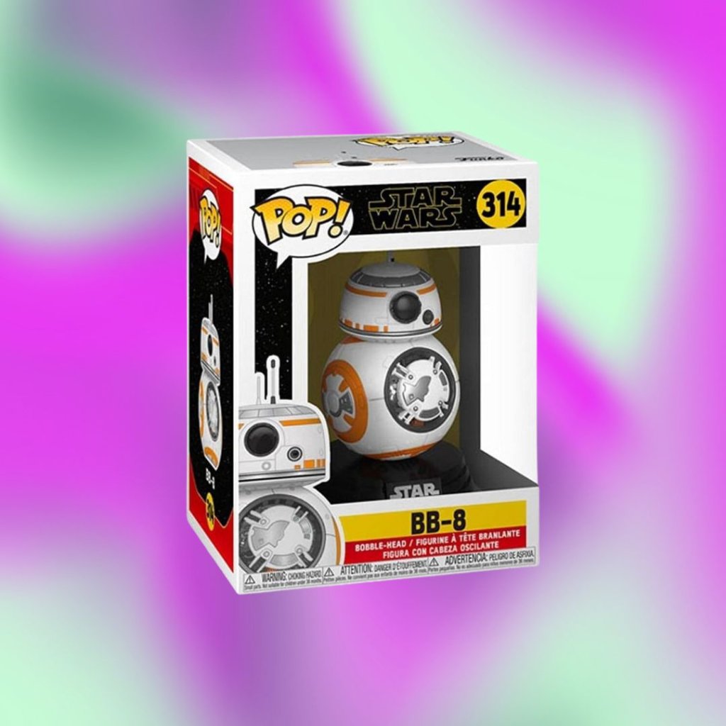 Funko Pop do BB-8 em fundo degrade roxo e verde