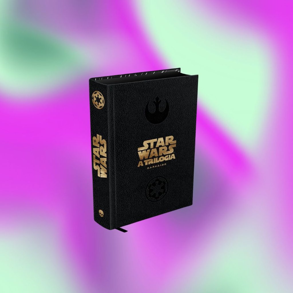 Capa de Star Wars: A trilogia em preto com detalhes em dourado; o fundo é uma textura em degradê nas cores verde, lilás e azul