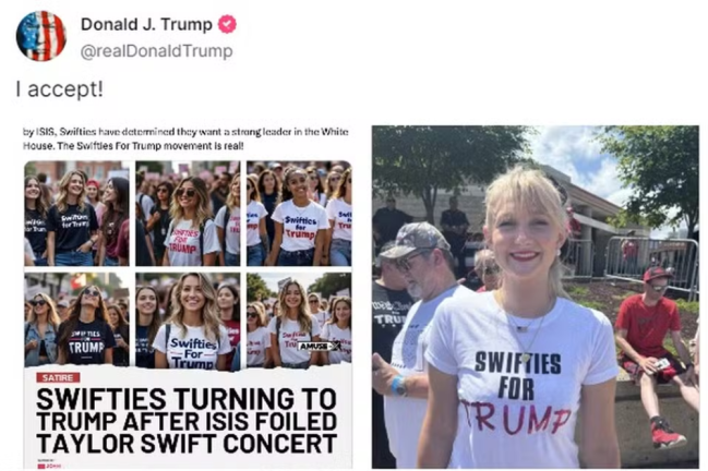 Imagem falsa compartilhada por Trump Trump compartilha imagem falsa de Taylor Swift