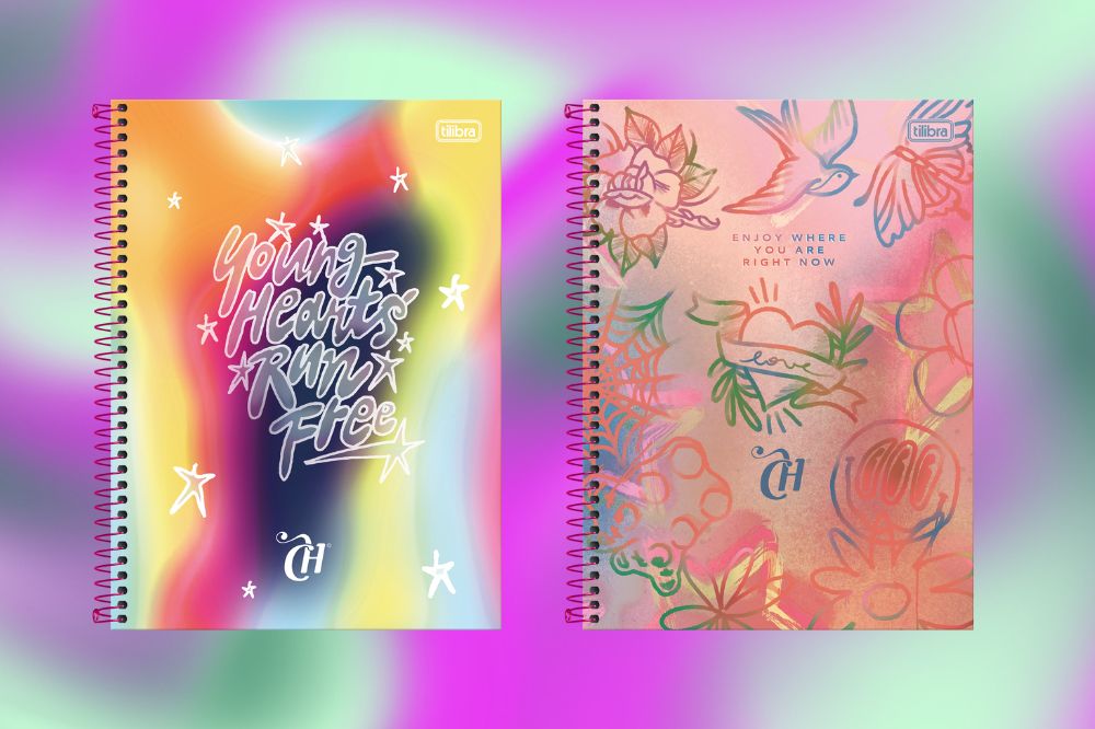 tilibra 20251 Duas capas de caderno CAPRICHO da Tilibra da coleção 2025; as estampas são coloridas com degradês