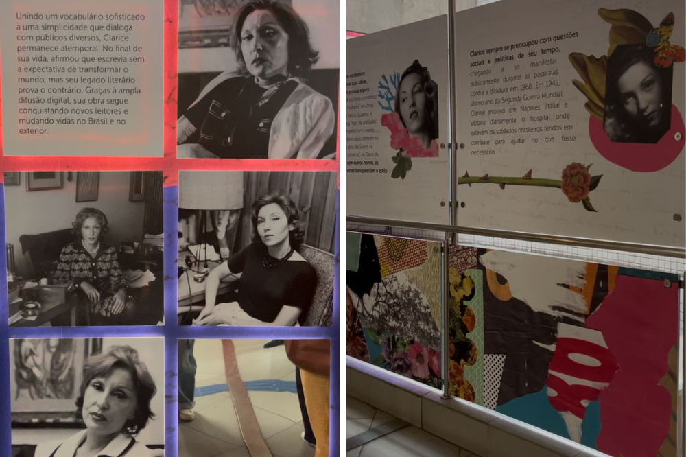 Imagem das colagens exibidas na exposição Projetos Centenários - Clarice Lispector, com recortes da escritora misturados a desenhos coloridos.