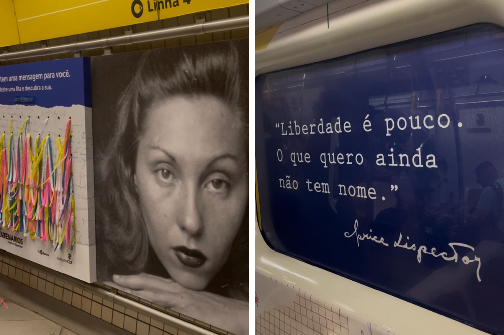 Imagem das colagens exibidas na exposição Projetos Centenários - Clarice Lispector, com recortes da escritora misturados a desenhos coloridos.