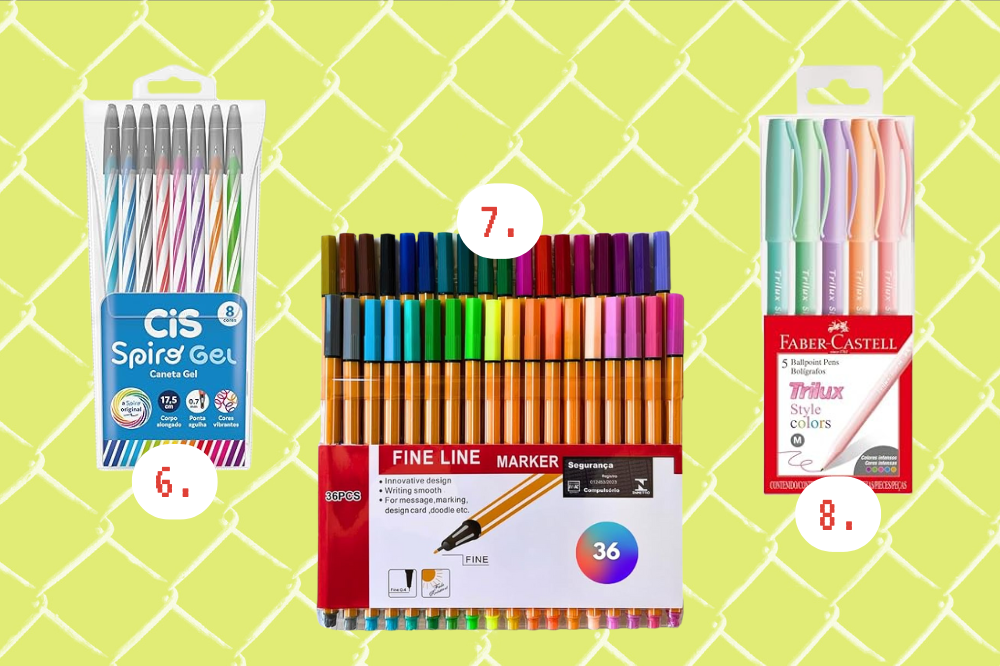 Imagem de três pacotes de canetas coloridas; uma da Cis com 6 canetas coloridas em gel, uma Fine Line com 36 cores e uma da Faber Castell com 5 cores pastéis.