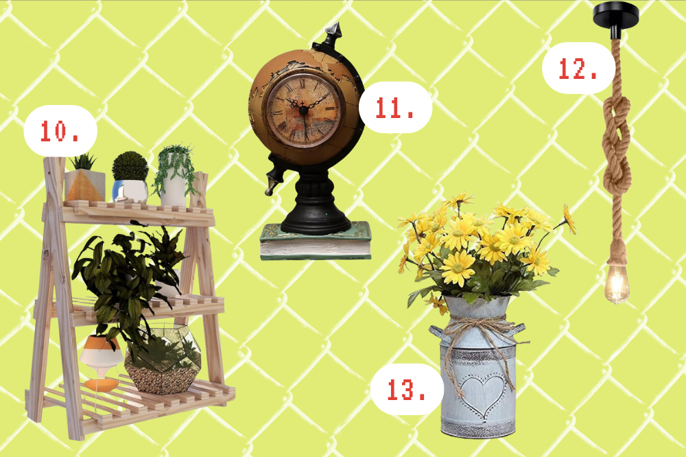 Imagem de um suporte de flores de três andares, de um relógio em formato de mapa mundi de madeira, um cachepó para segurar lâmpadas de madeira e um vaso de flor antigo similar a uma leiteira.