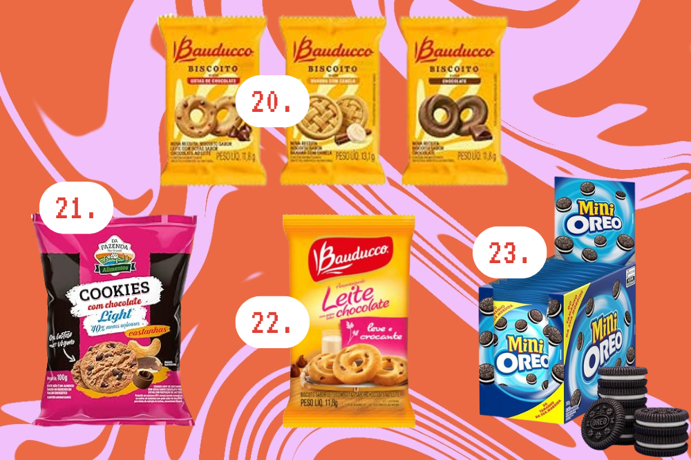 Imagem de quatro tipos de biscoito Bauducco, um cojunto de pacotes de mini Oreo e um pacote de cookies.