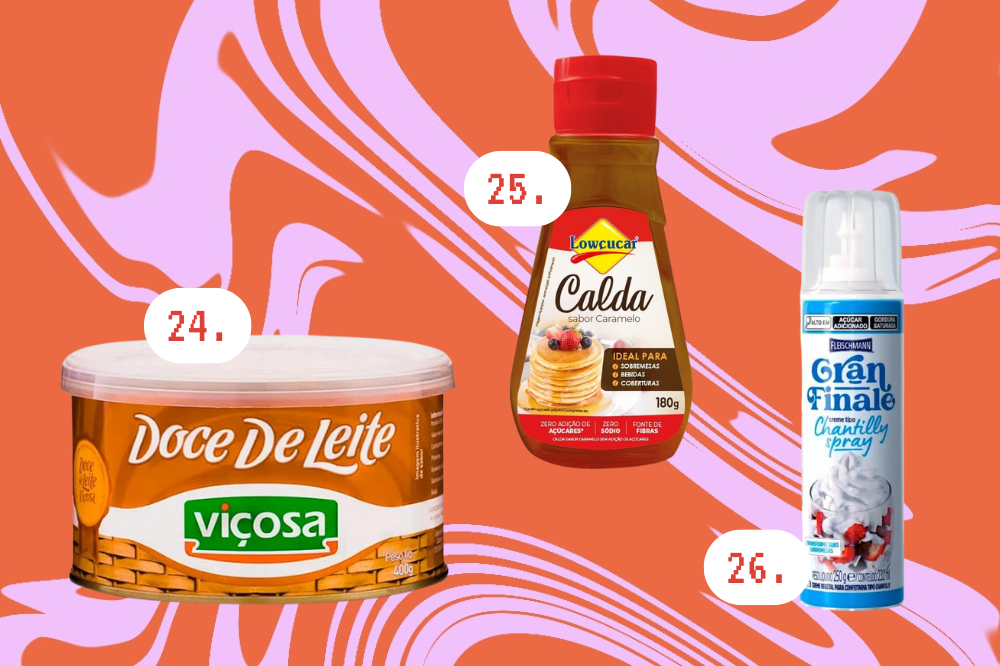 Imagem de um pote de doce de leite, de uma calda de caramelo e de um chantilly em spray.