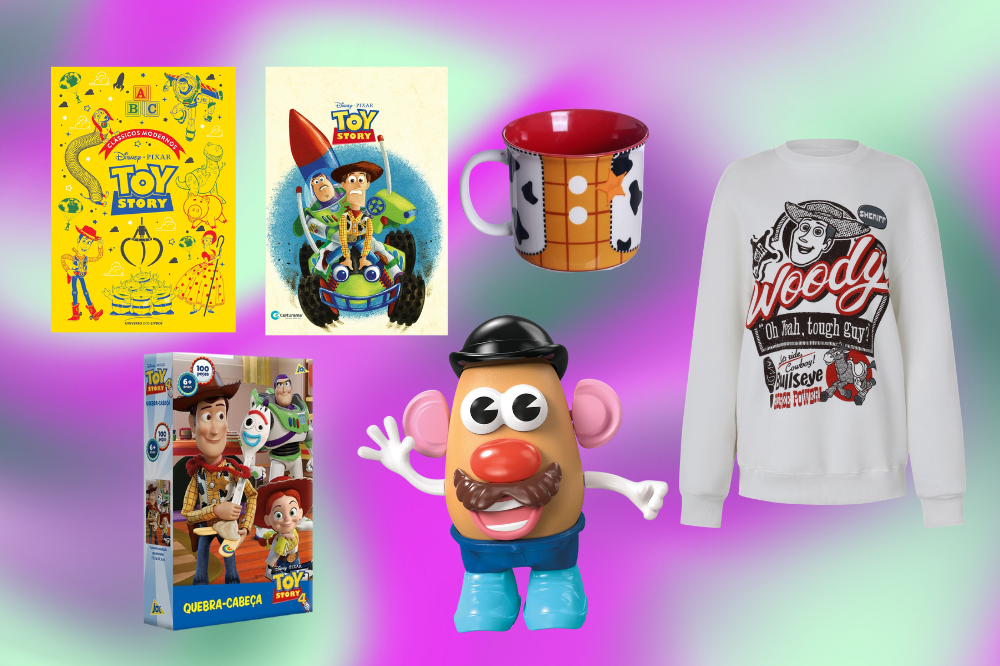 Vitrine para quem é fã de Toy Story; itens temáticos do filme em fundo degradê de roxo, lilás e verde