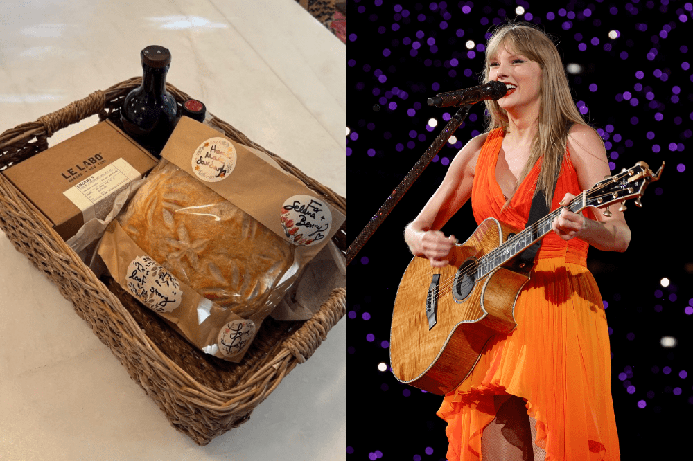 Cesta que Taylor Swift enviou para Selena Gomez (Esquerda), Taylor com vestido laranja na The Eras Tour (Direita)