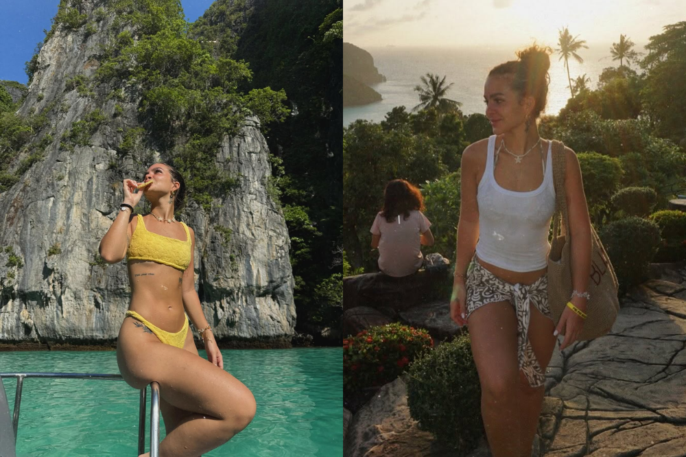 Mel Maia na Tailândia montagem. Na esquerda, a atriz usa um biquini amarelo e está em um barco de costas para uma montanha. Na direita, ela olha para esquerda, usa uma regata branca e está na frente de uma paisagem cheia de vegetação e mar