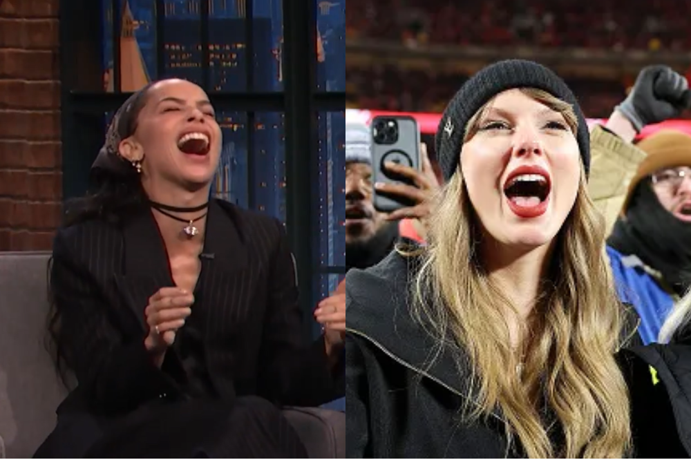 Zoë Kravitz rinso em talk show (esquerda) e Taylor Swift surpresa (direita)